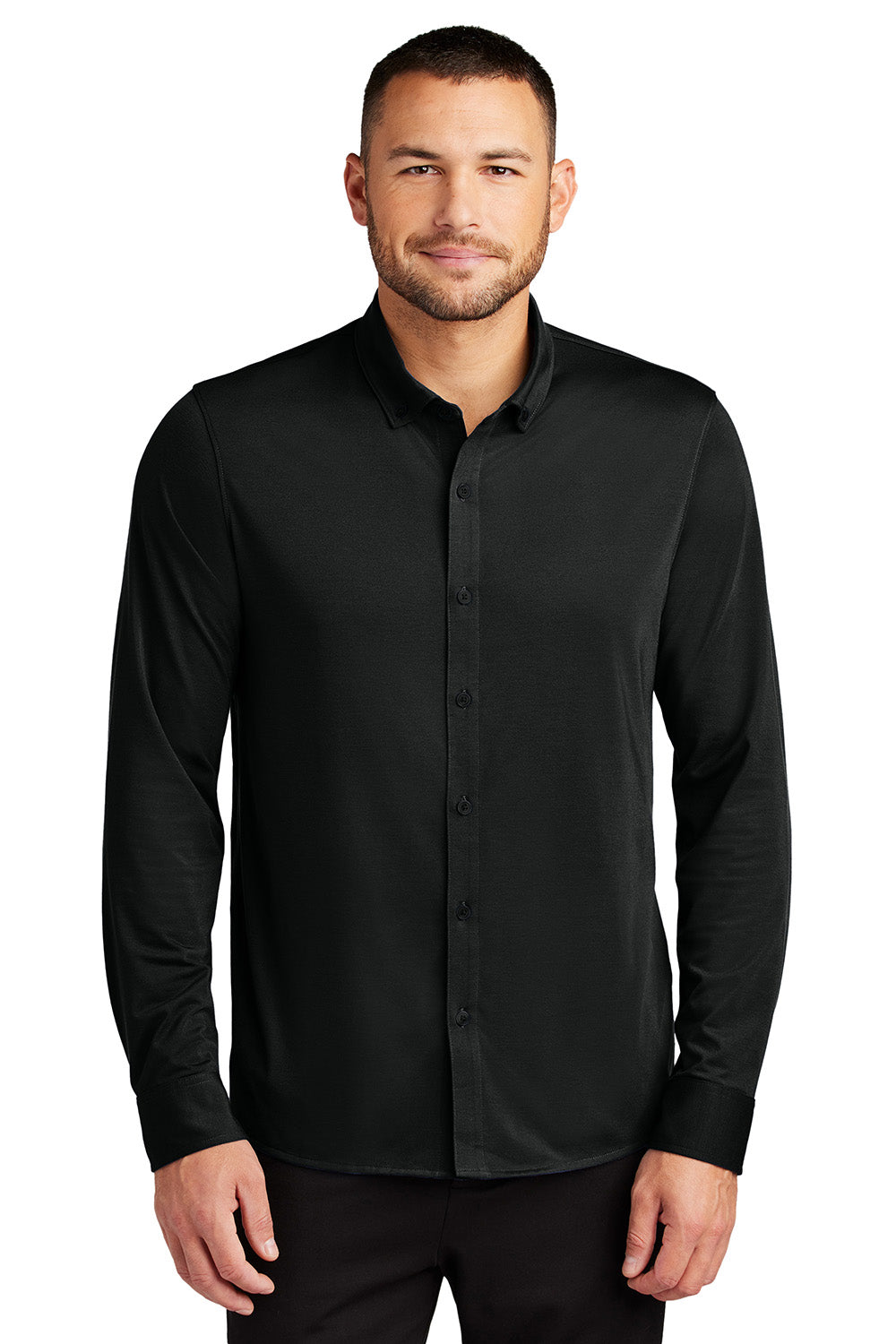 Mercer+Mettle MM1018 Mens Stretch Jersey Long Sleeve Button Down Shirt Deep Black Model Front