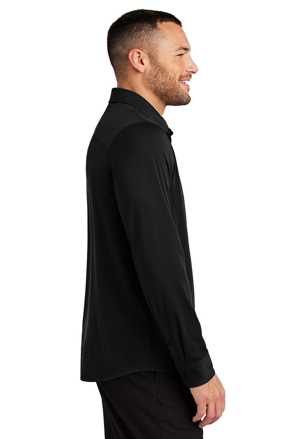 Mercer+Mettle MM1018 Mens Stretch Jersey Long Sleeve Button Down Shirt Deep Black Model Side