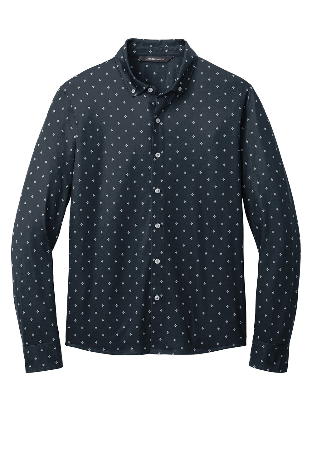 Mercer+Mettle MM1018 Mens Stretch Jersey Long Sleeve Button Down Shirt Navy Blue Geo Diamond Flat Front