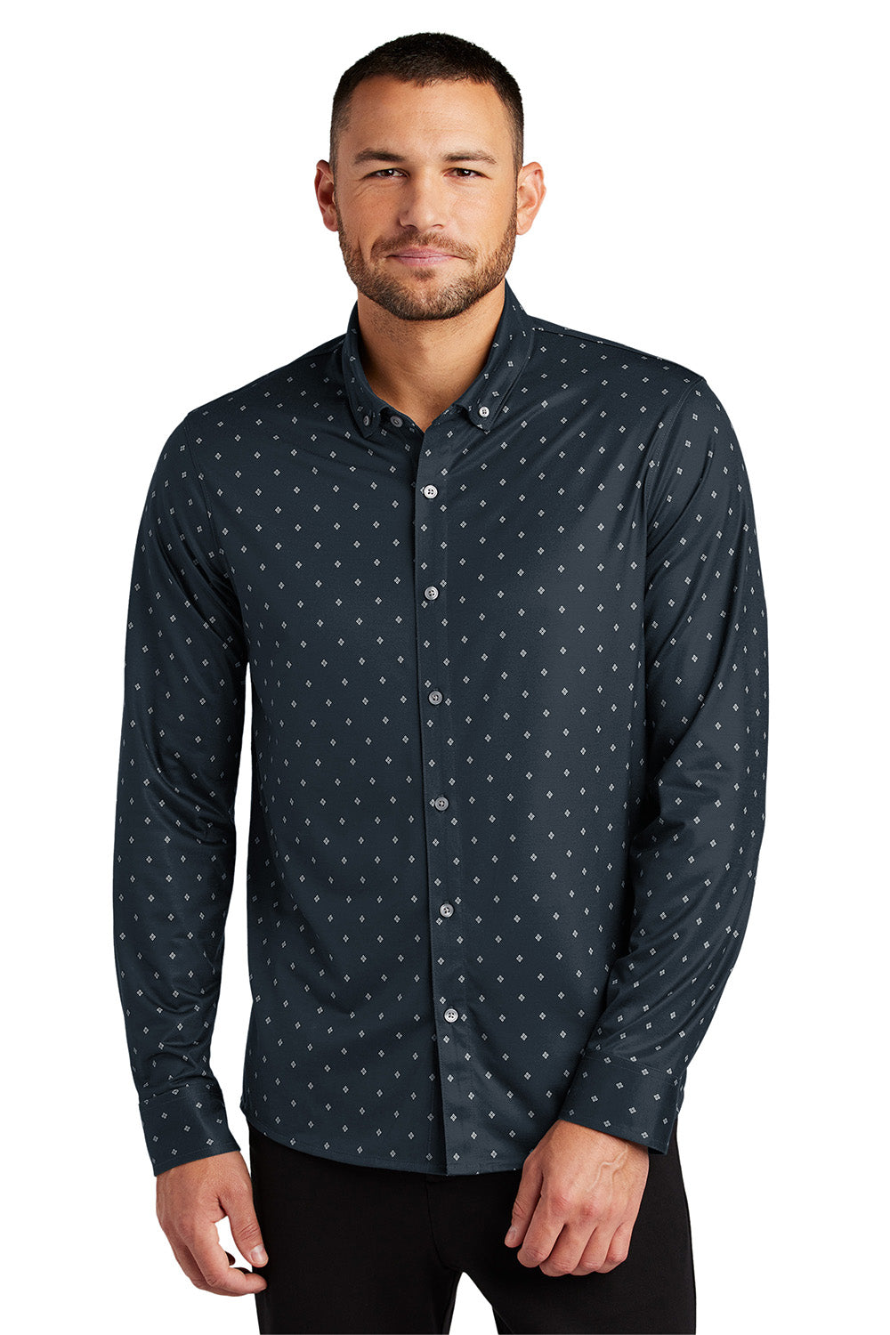 Mercer+Mettle MM1018 Mens Stretch Jersey Long Sleeve Button Down Shirt Navy Blue Geo Diamond Model Front