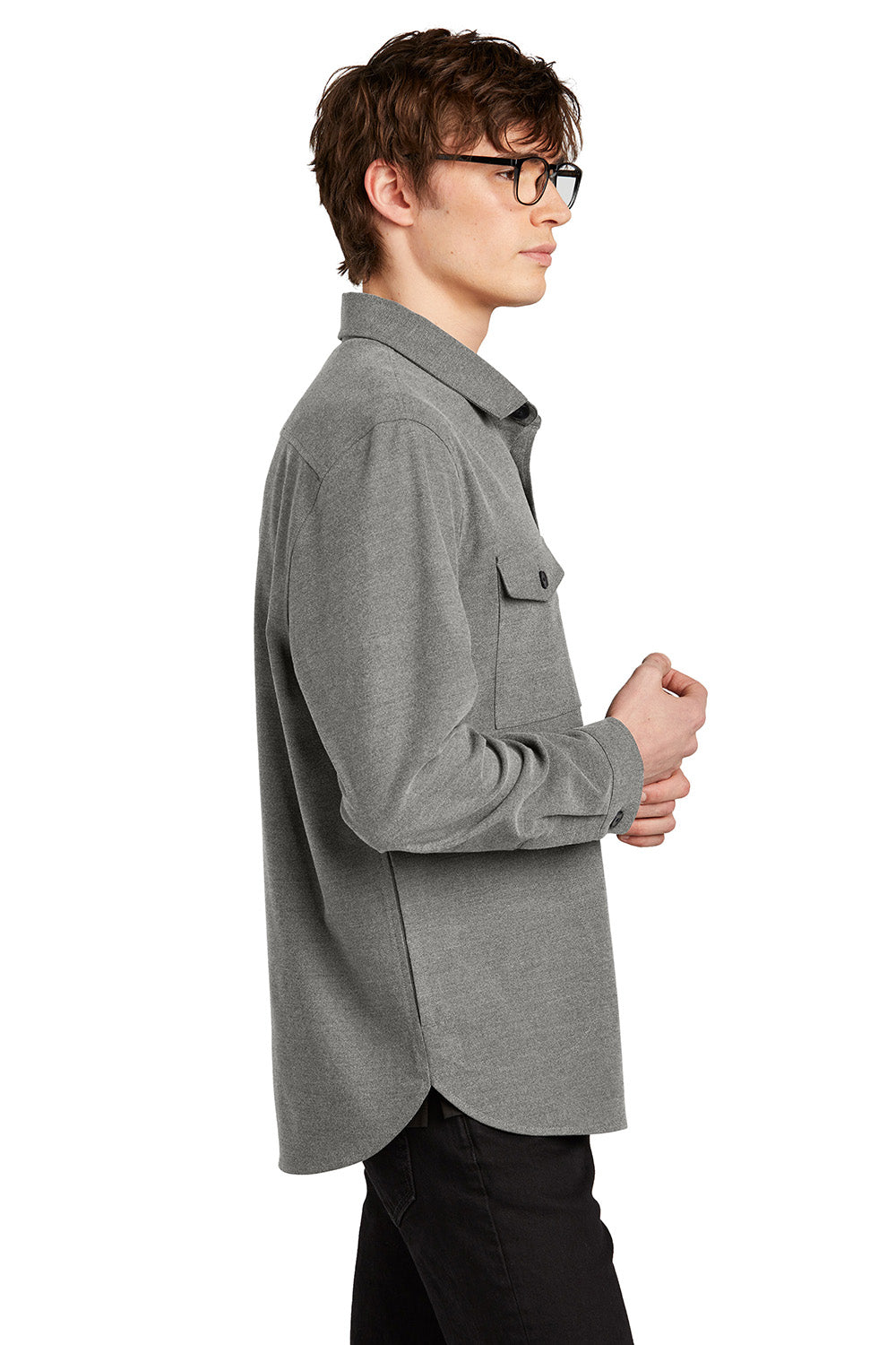 Mercer+Mettle MM2020 Mens Twill Long Sleeve Button Down Shirt w/ Pockets Heather Light Anchor Grey Model Side