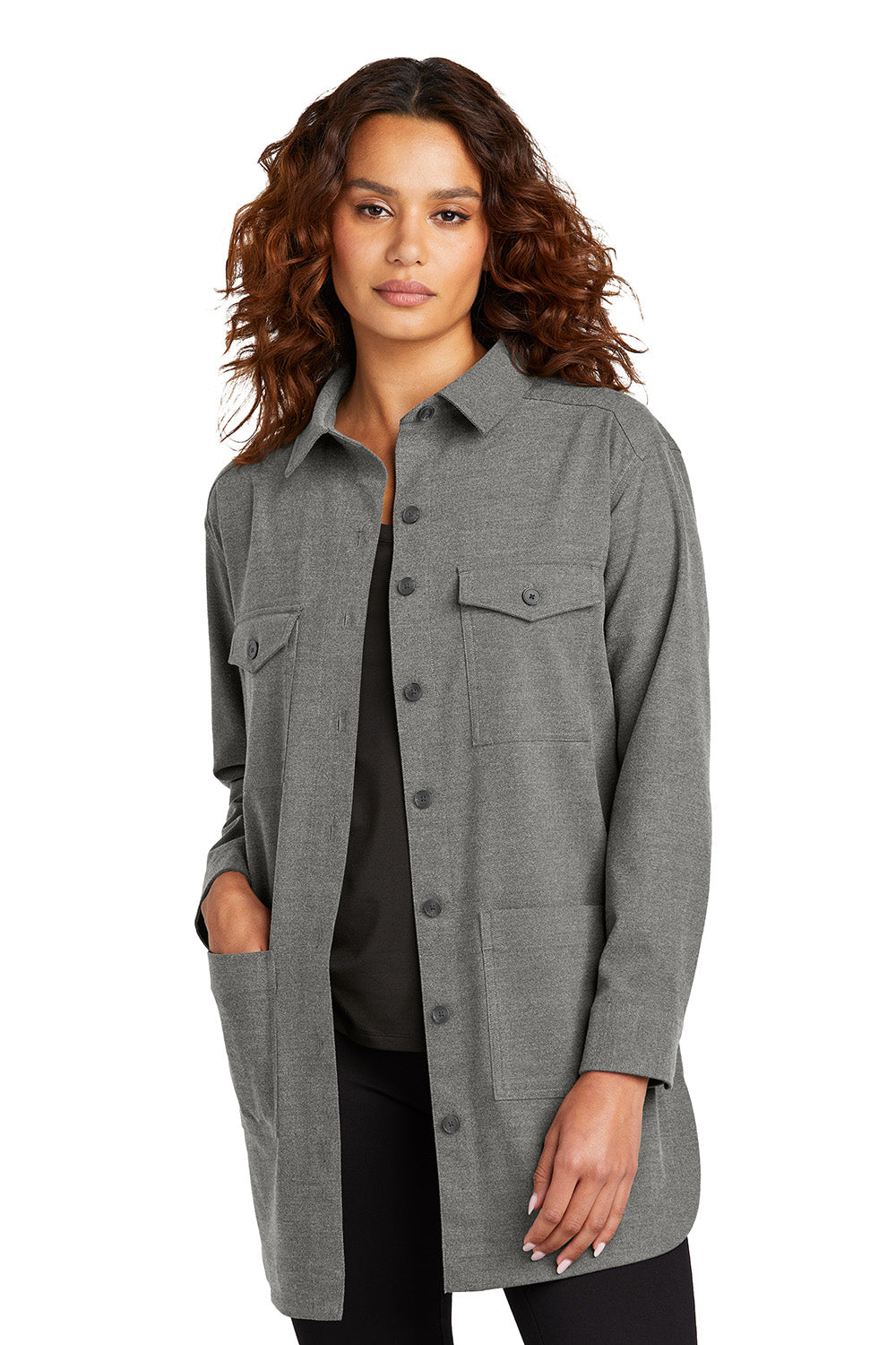 Mercer+Mettle MM2021 Womens Twill Long Sleeve Button Down Shirt w/ Pockets Heather Light Anchor Grey Model Front