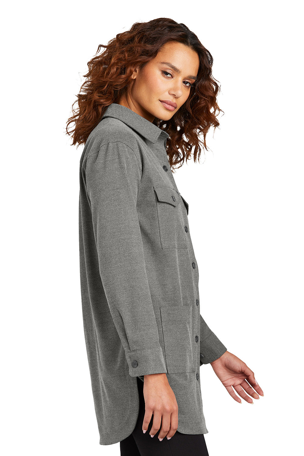 Mercer+Mettle MM2021 Womens Twill Long Sleeve Button Down Shirt w/ Pockets Heather Light Anchor Grey Model Side