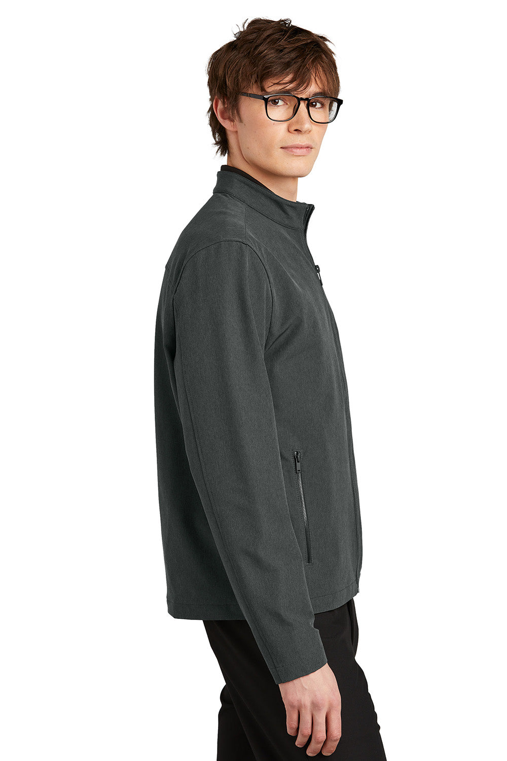 Mercer+Mettle MM7102 Mens Stretch Soft Shell Full Zip Jacket Heather Anchor Grey Model Side