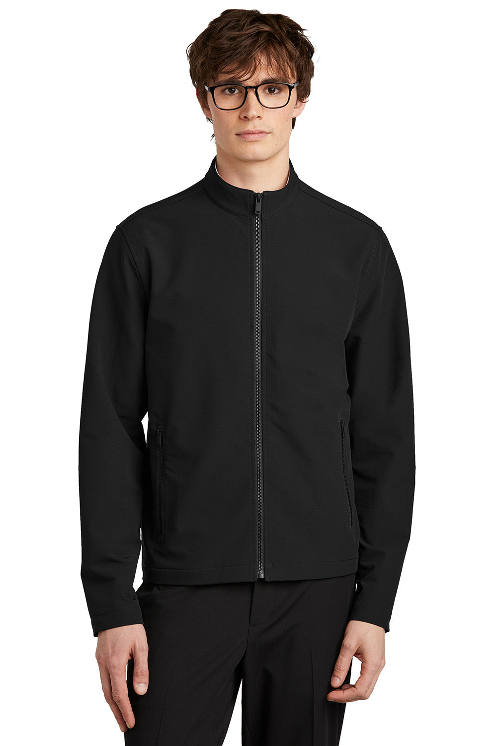 Mercer+Mettle MM7102 Mens Stretch Soft Shell Full Zip Jacket Deep Black Model Front