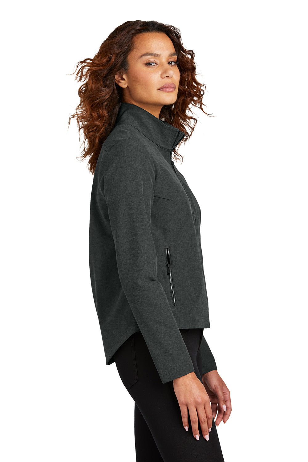 Mercer+Mettle MM7103 Womens Stretch Soft Shell Full Zip Jacket Heather Anchor Grey Model Side