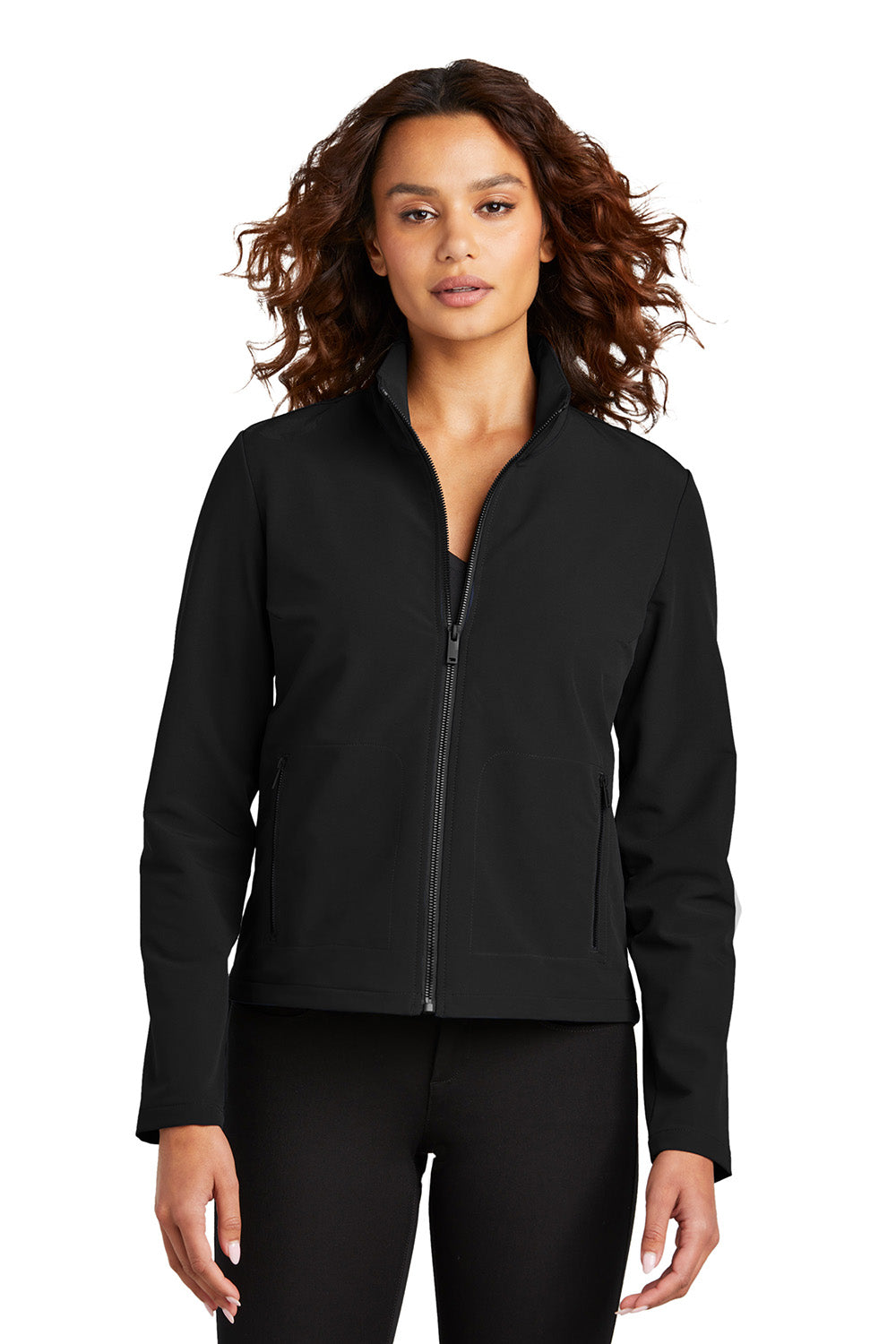 Mercer+Mettle MM7103 Womens Stretch Soft Shell Full Zip Jacket Deep Black Model Front