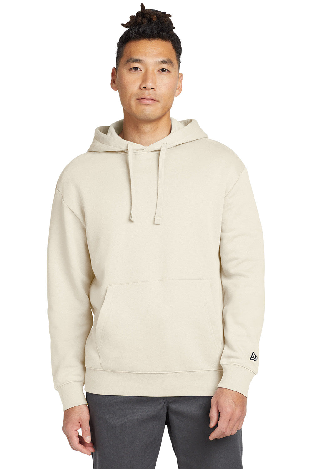 New Era NEA525 Mens Heritage Fleece Hooded Sweatshirt Hoodie Soft Beige Model Front