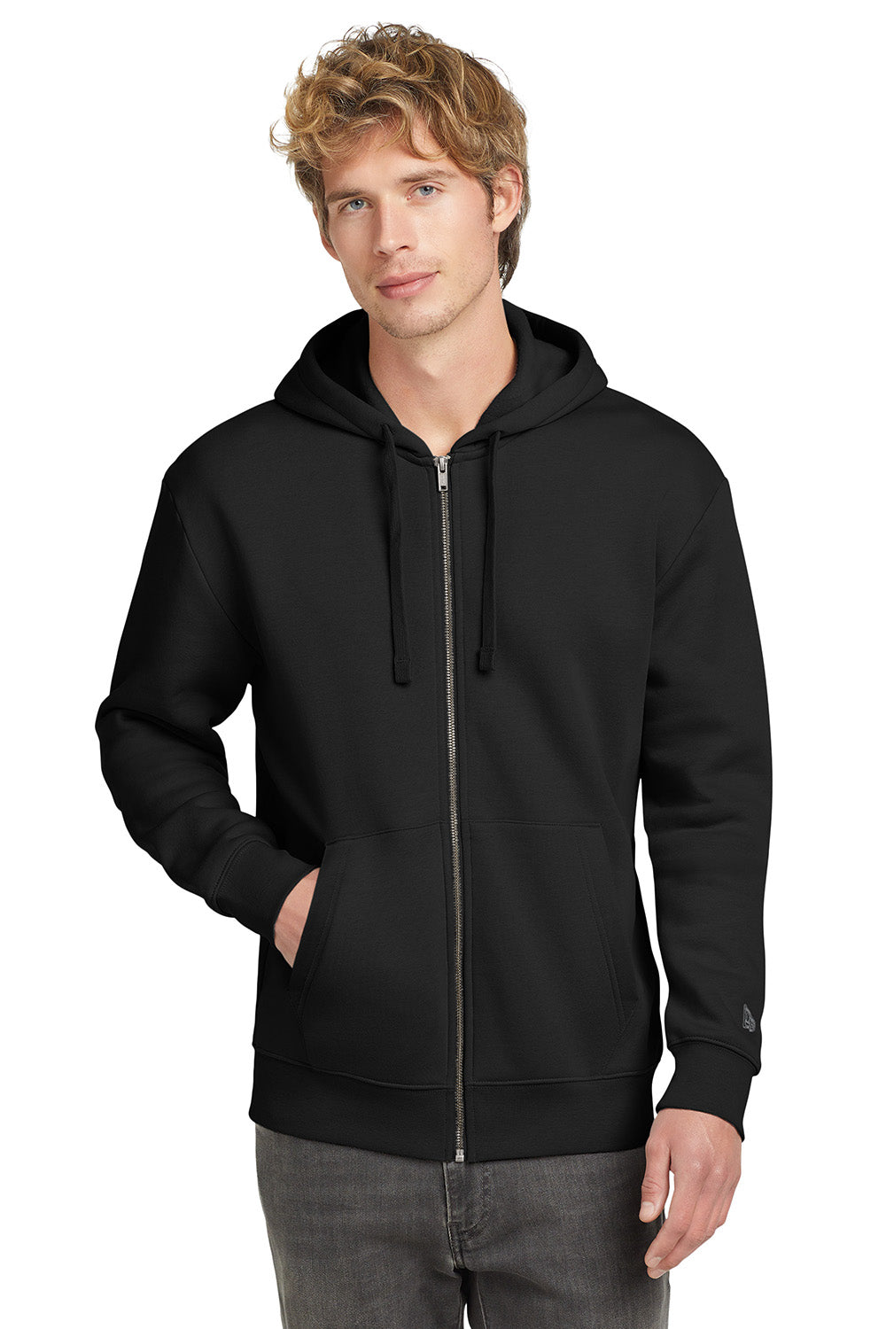 New Era NEA526 Mens Heritage Fleece Full Zip Hooded Sweatshirt Hoodie Black Model Front