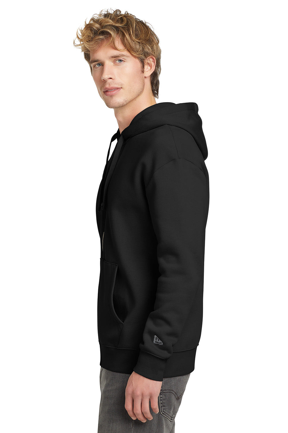 New Era NEA526 Mens Heritage Fleece Full Zip Hooded Sweatshirt Hoodie Black Model Side