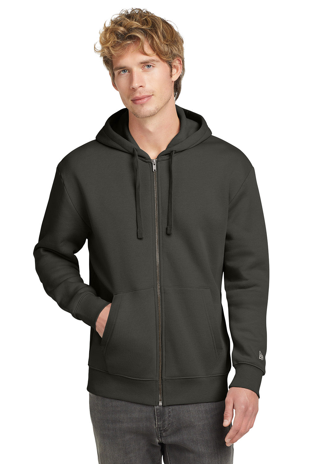 New Era NEA526 Mens Heritage Fleece Full Zip Hooded Sweatshirt Hoodie Graphite Grey Model Front