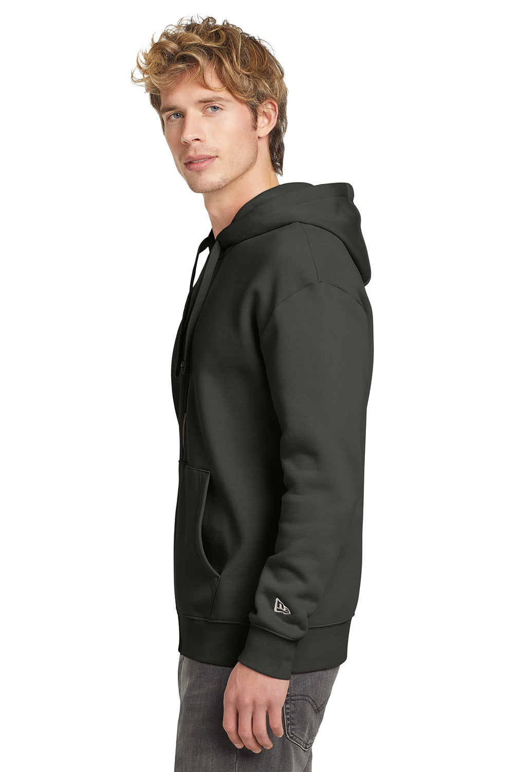 New Era NEA526 Mens Heritage Fleece Full Zip Hooded Sweatshirt Hoodie Graphite Grey Model Side