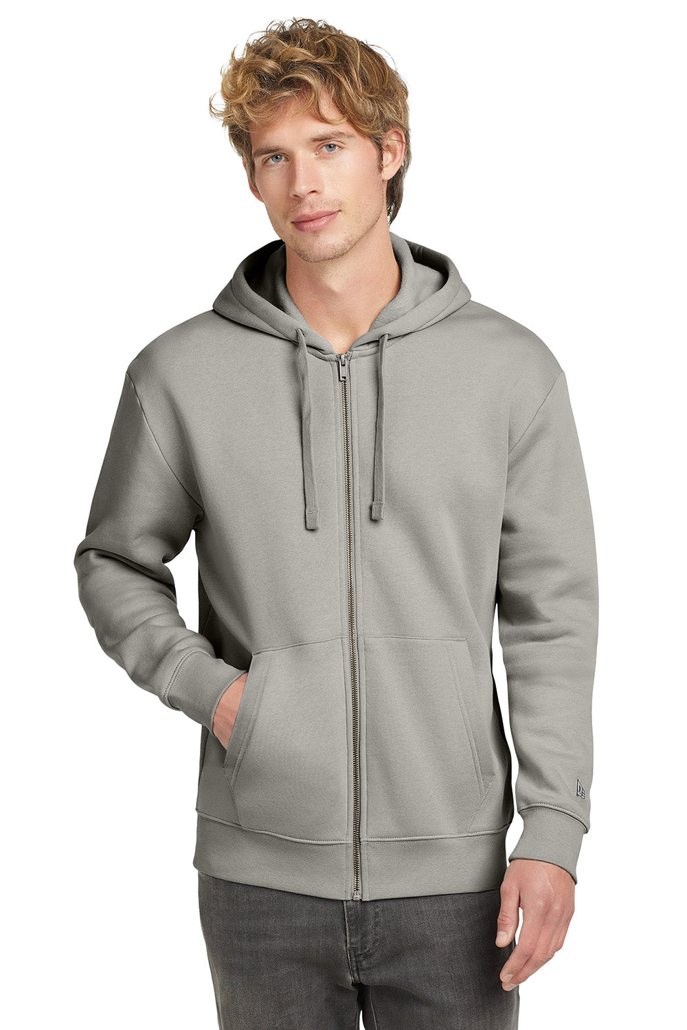 New Era NEA526 Mens Heritage Fleece Full Zip Hooded Sweatshirt Hoodie Rainstorm Grey Model Front