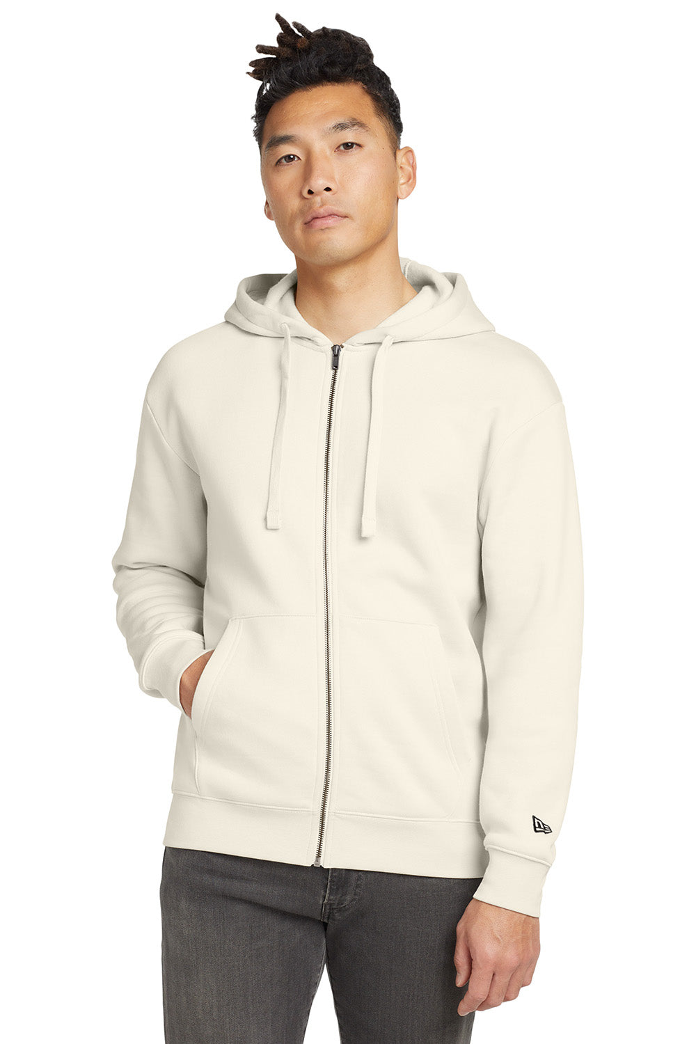 New Era NEA526 Mens Heritage Fleece Full Zip Hooded Sweatshirt Hoodie Soft Beige Model Front