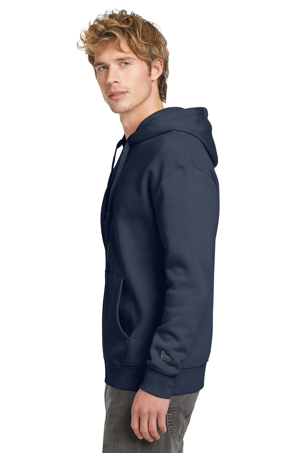 New Era NEA526 Mens Heritage Fleece Full Zip Hooded Sweatshirt Hoodie True Navy Blue Model Side