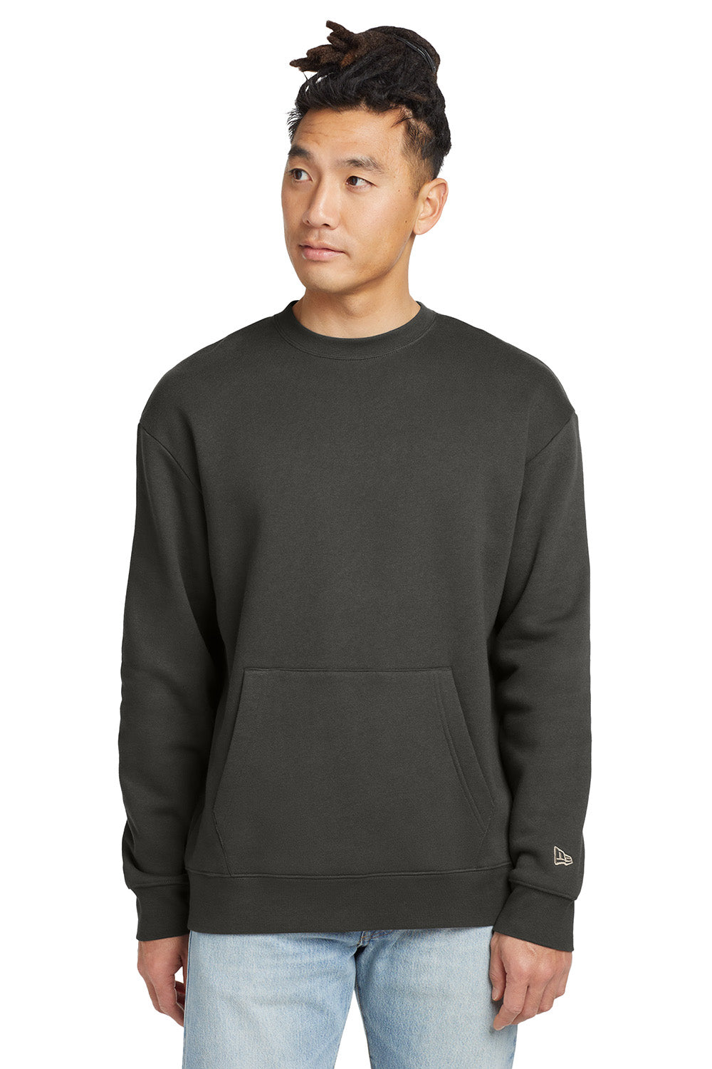 New Era NEA527 Mens Heritage Fleece Crewneck Sweatshirt w/ Pocket Graphite Grey Model Front