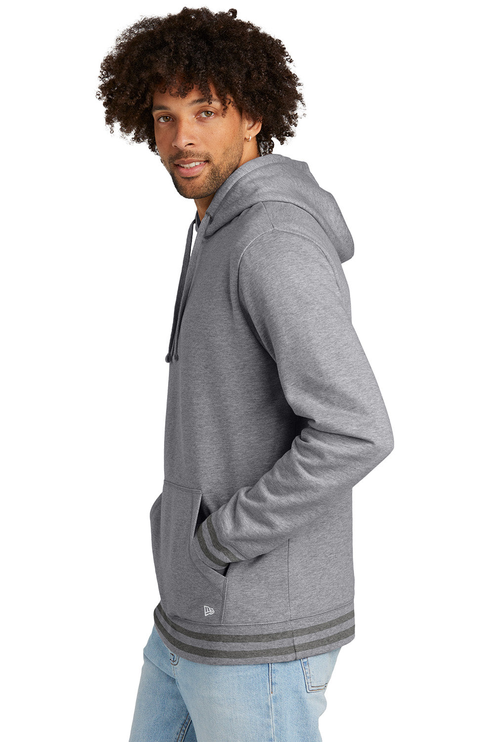 New Era NEA550 Mens Comeback Fleece Hooded Sweatshirt Hoodie Heather Grey/Heather Dark Grey Model Side