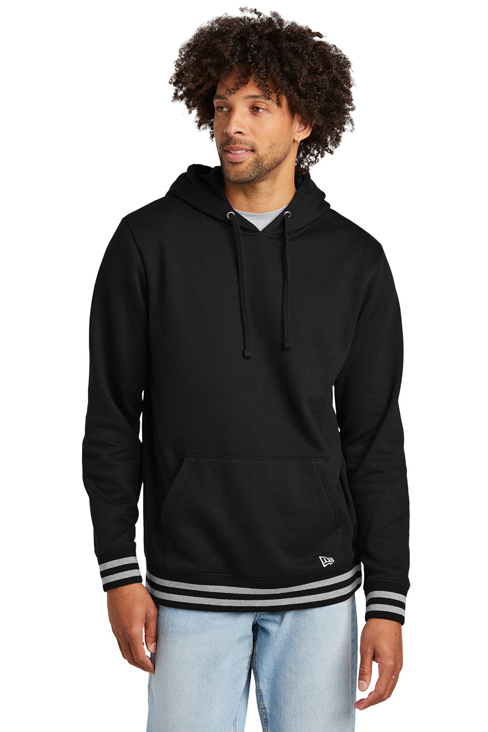 New Era NEA550 Mens Comeback Fleece Hooded Sweatshirt Hoodie Black/Heather Grey Model Front