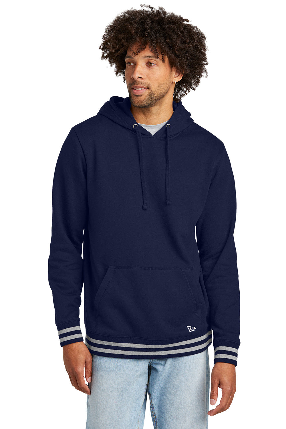 New Era NEA550 Mens Comeback Fleece Hooded Sweatshirt Hoodie True Navy Blue/Heather Grey Model Front