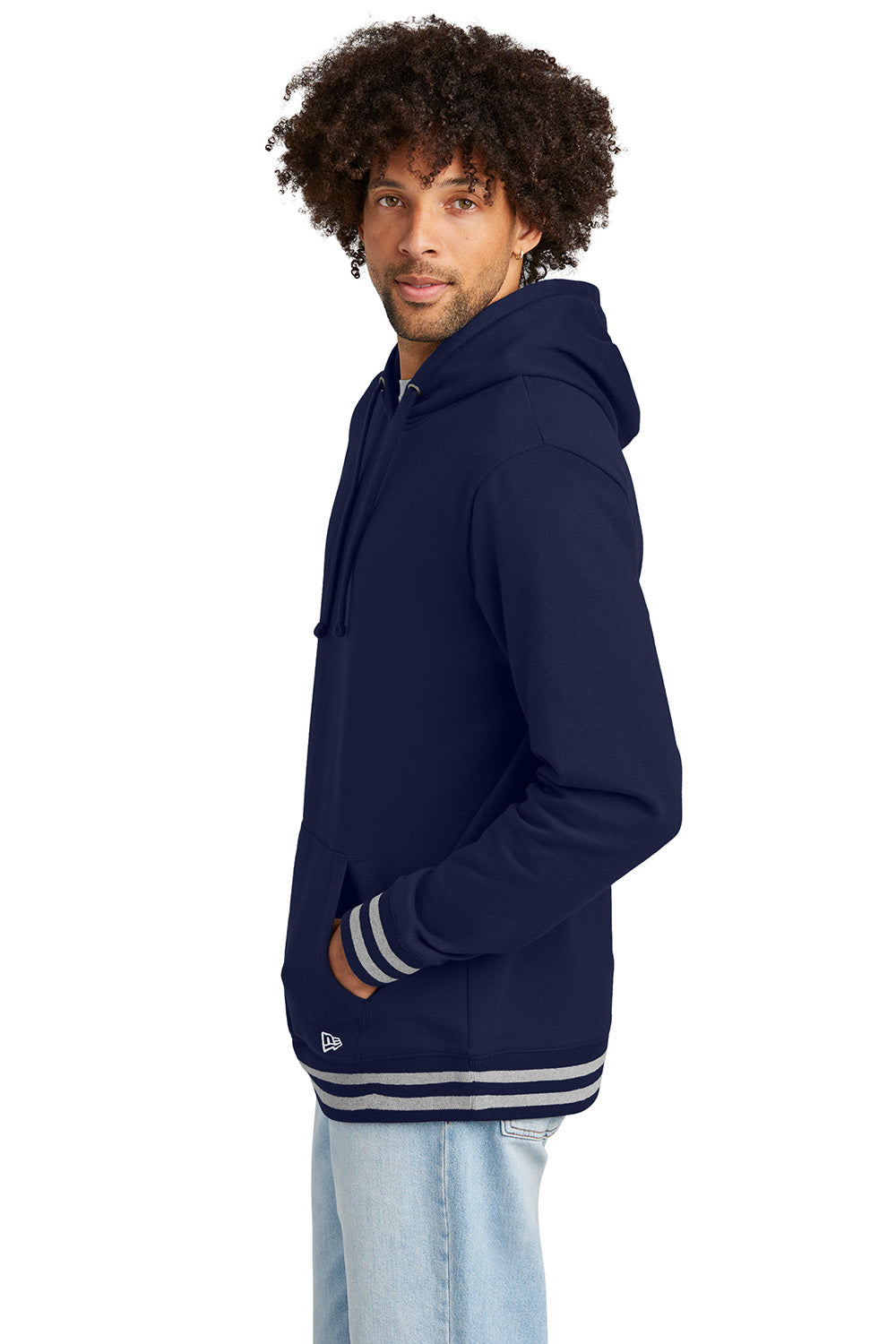 New Era NEA550 Mens Comeback Fleece Hooded Sweatshirt Hoodie True Navy Blue/Heather Grey Model Side