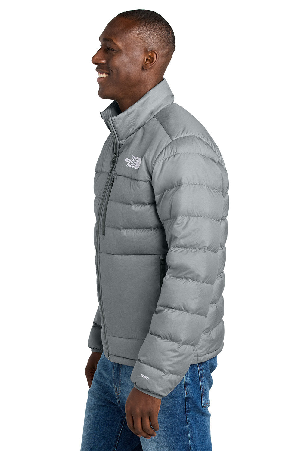 The North Face NF0A7V4F Mens Down Hybrid Water Resistant Full Zip Jacket Heather Medium Grey Model Side