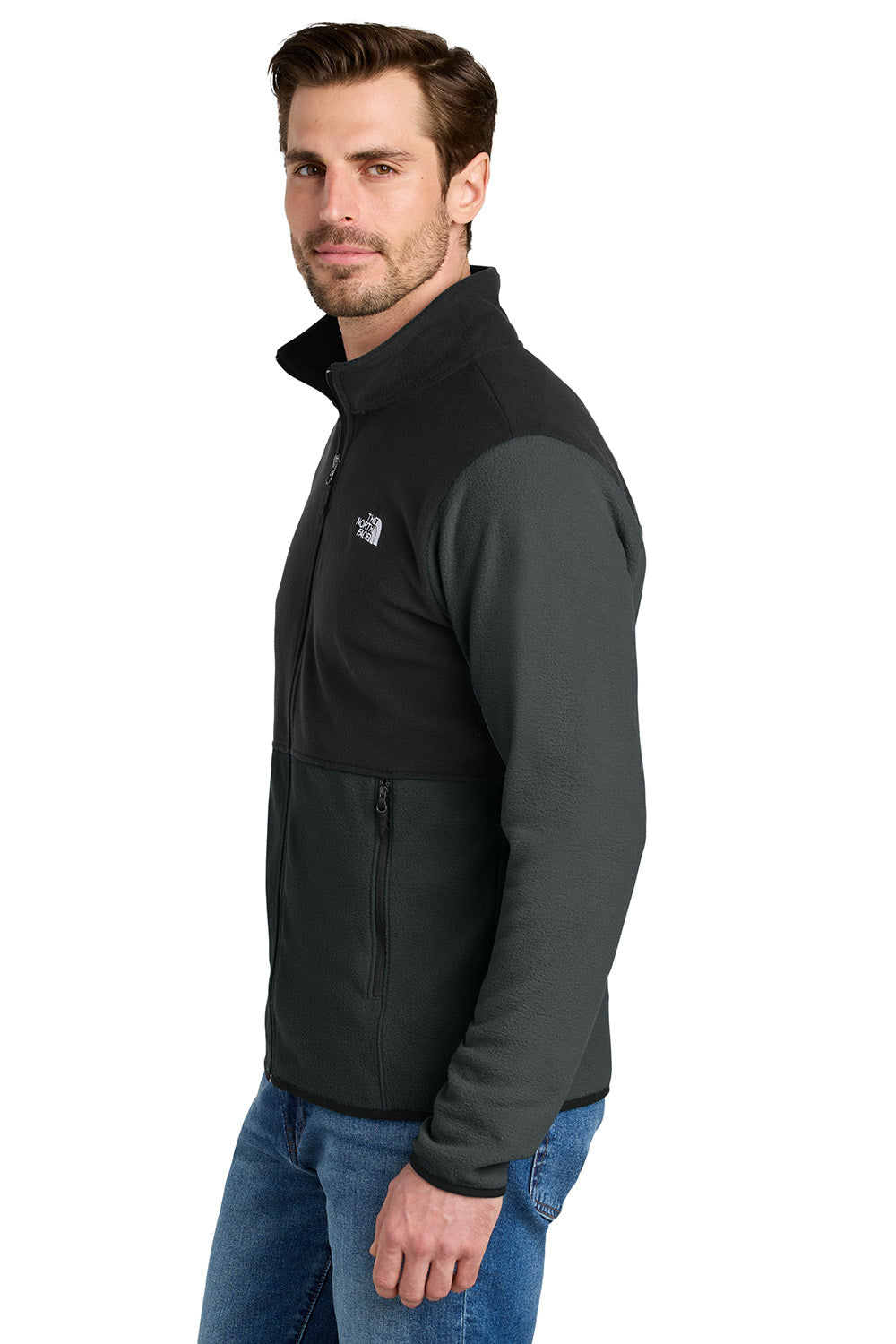 The North Face NF0A7V4J Mens Glacier Fleece Full Zip Jacket Asphalt Grey/Black Model Side