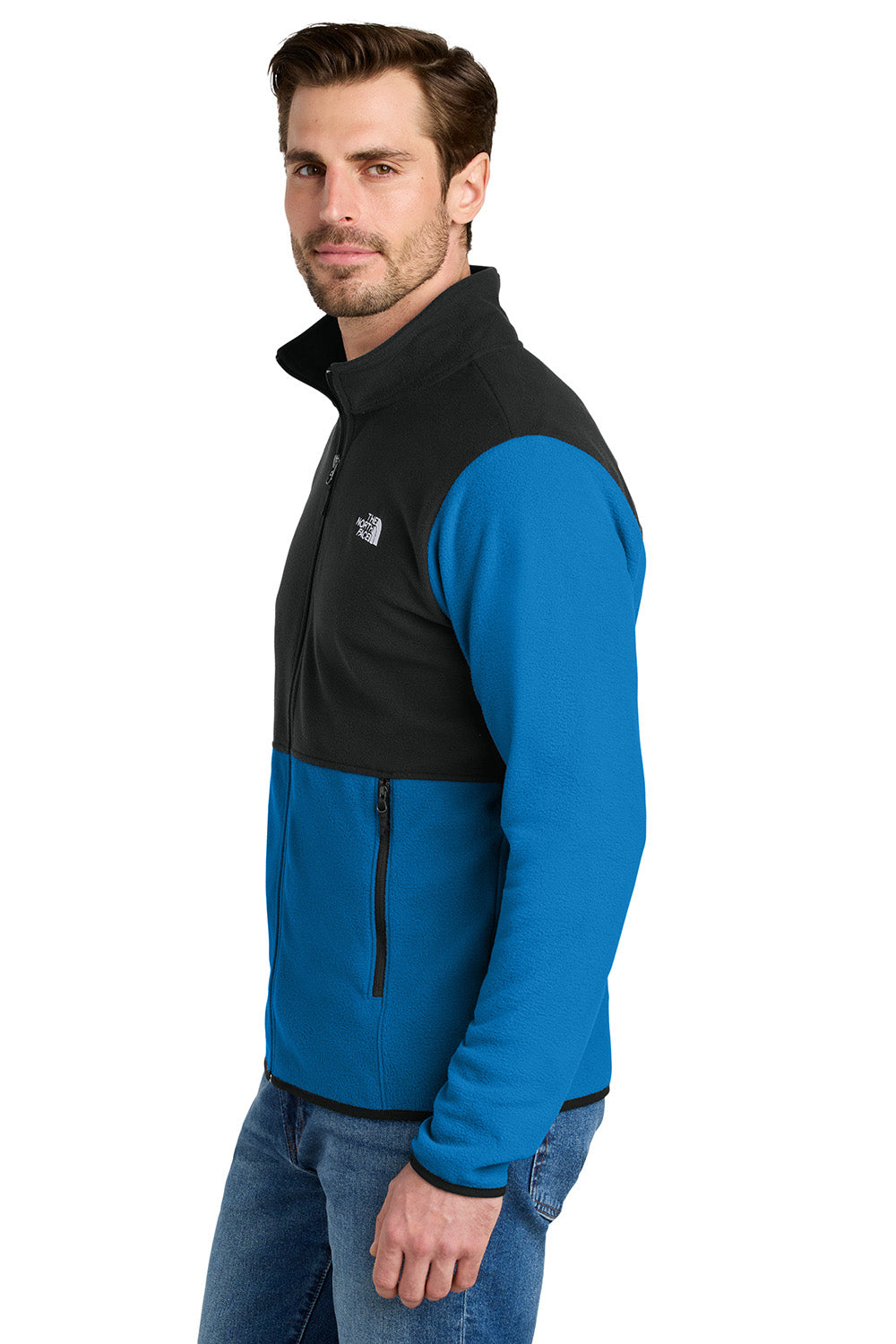 The North Face NF0A7V4J Mens Glacier Fleece Full Zip Jacket Hero Blue/Black Model Side