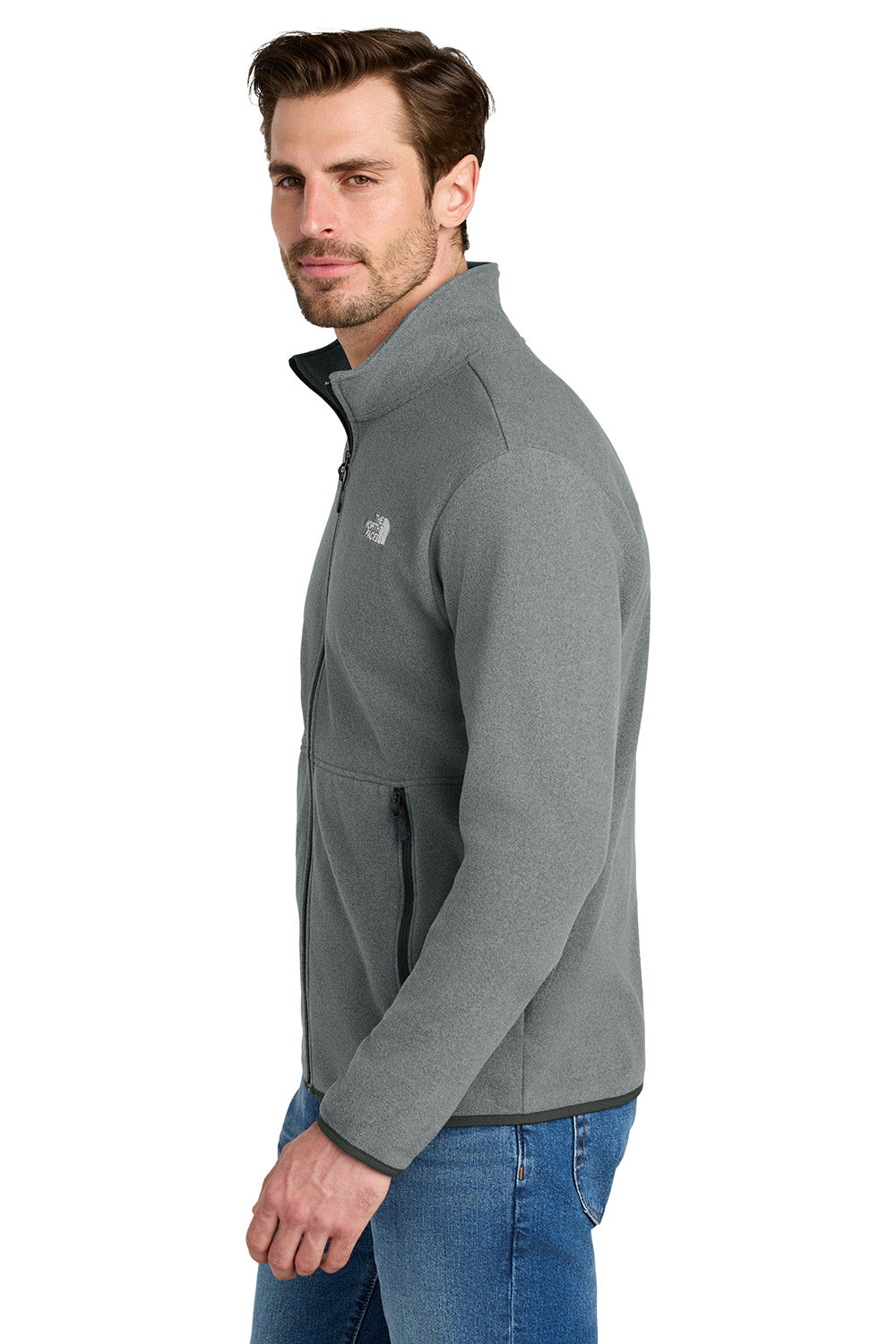 The North Face NF0A7V4J Mens Glacier Fleece Full Zip Jacket Heather Medium Grey Model Side