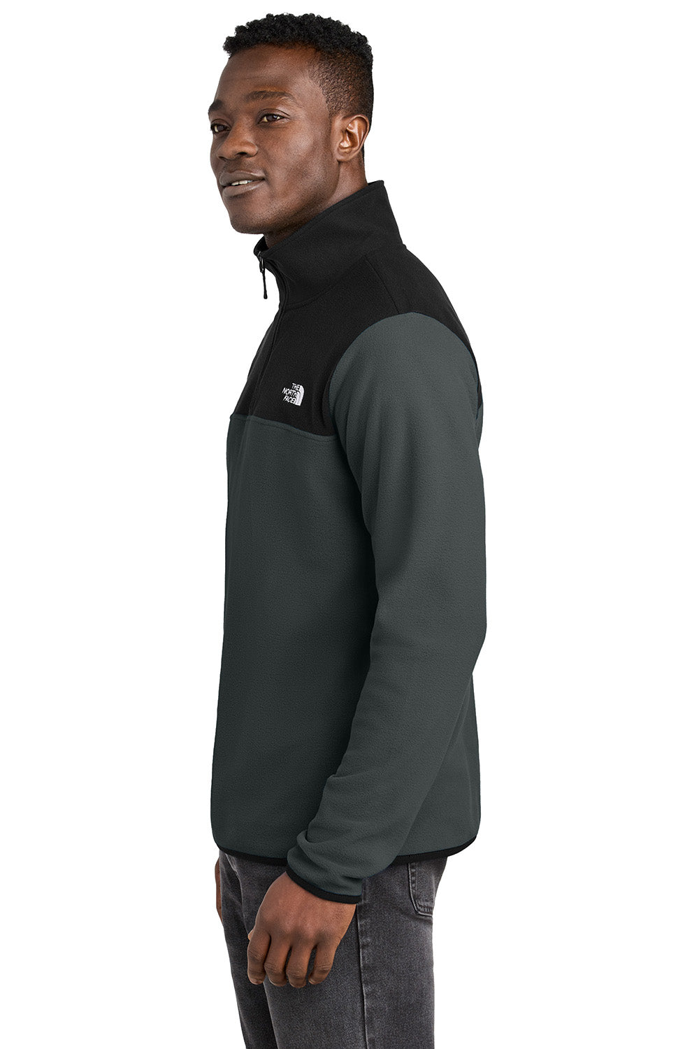 The North Face NF0A7V4L Mens Glacier Fleece 1/4 Zip Jacket Asphalt Grey/Black Model Side