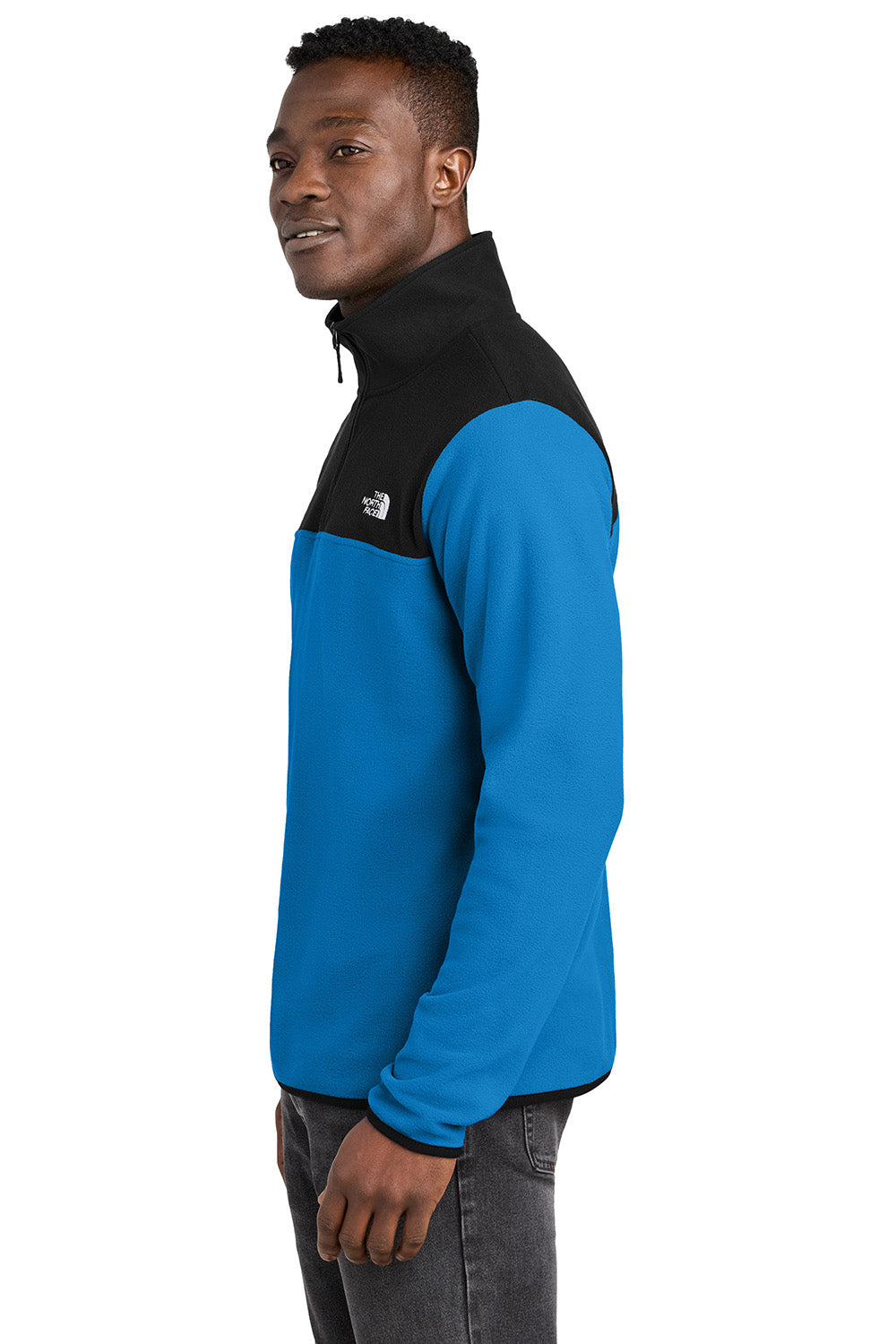 The North Face NF0A7V4L Mens Glacier Fleece 1/4 Zip Jacket Hero Blue/Black Model Side