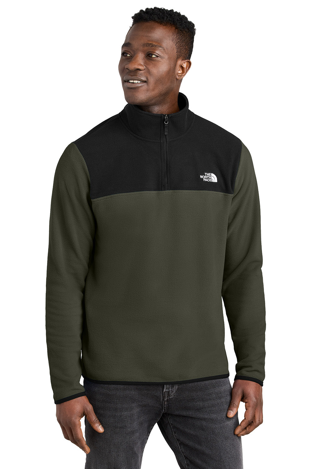 The North Face NF0A7V4L Mens Glacier Fleece 1/4 Zip Jacket New Taupe Green/Black Model Front