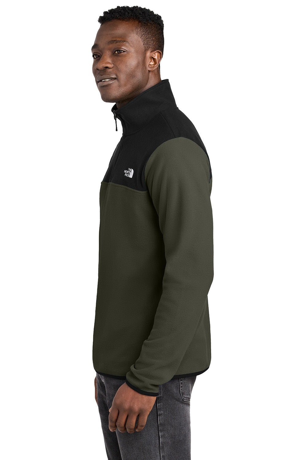 The North Face NF0A7V4L Mens Glacier Fleece 1/4 Zip Jacket New Taupe Green/Black Model Side