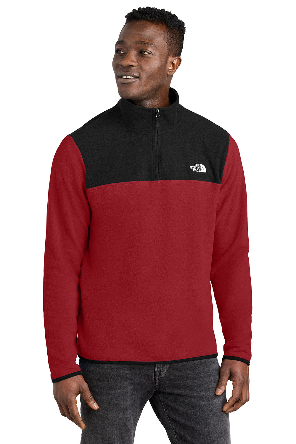 The North Face NF0A7V4L Mens Glacier Fleece 1/4 Zip Jacket Rage Red/Black Model Front