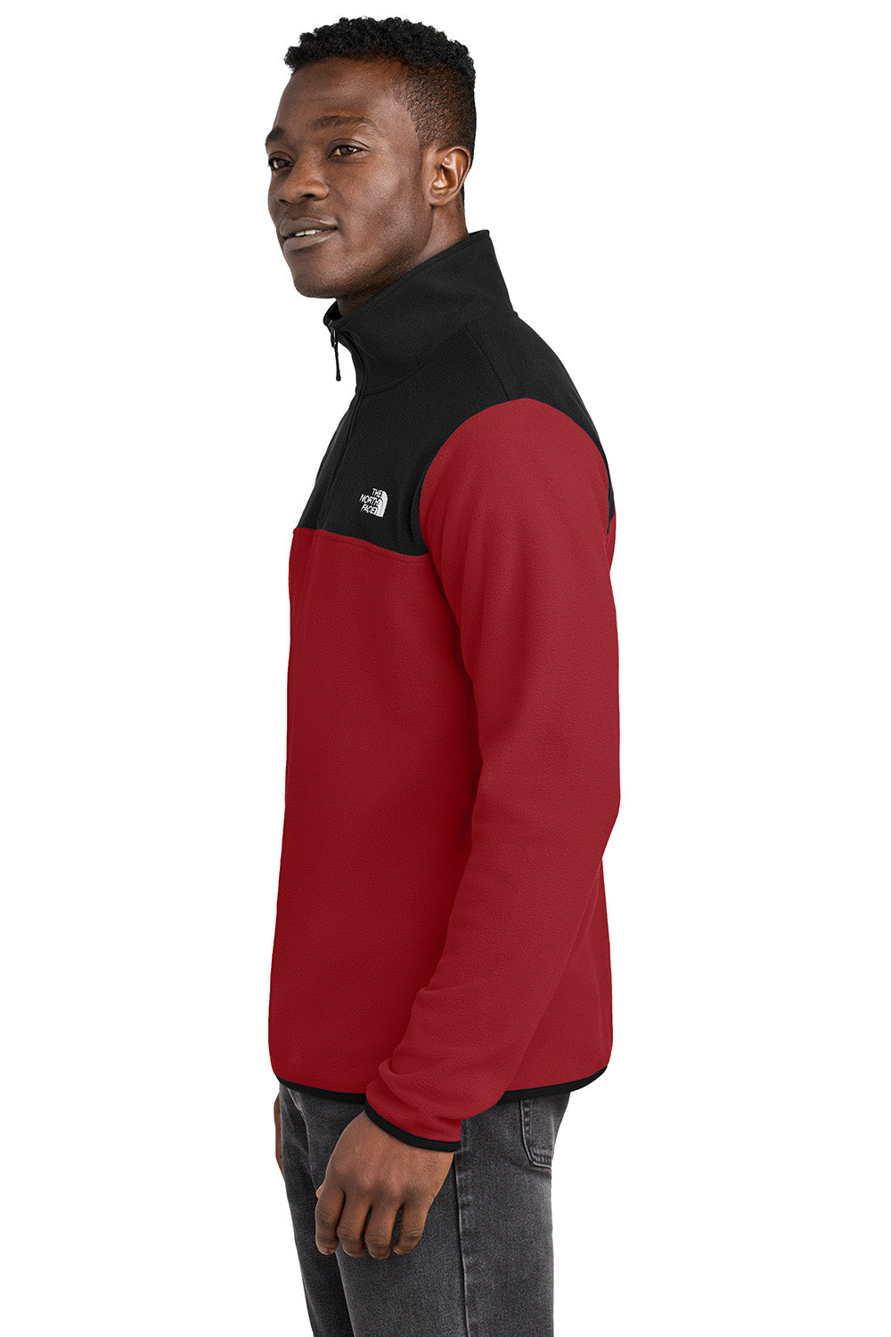 The North Face NF0A7V4L Mens Glacier Fleece 1/4 Zip Jacket Rage Red/Black Model Side