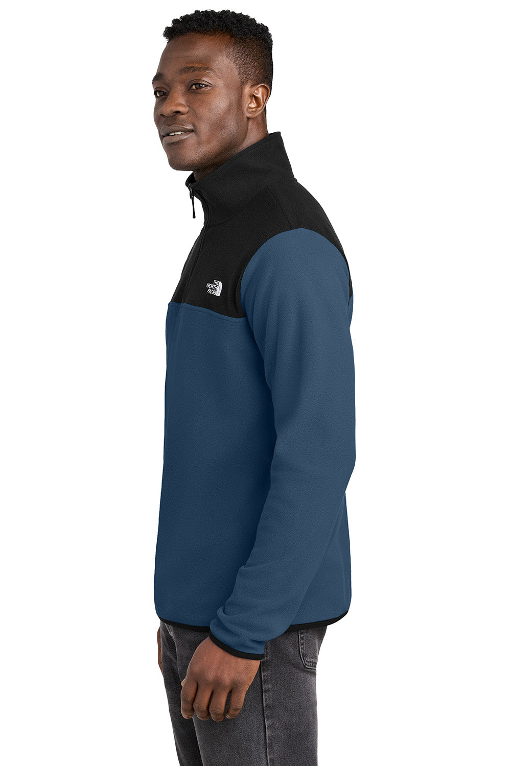 The North Face NF0A7V4L Mens Glacier Fleece 1/4 Zip Jacket Shady Blue/Black Model Side