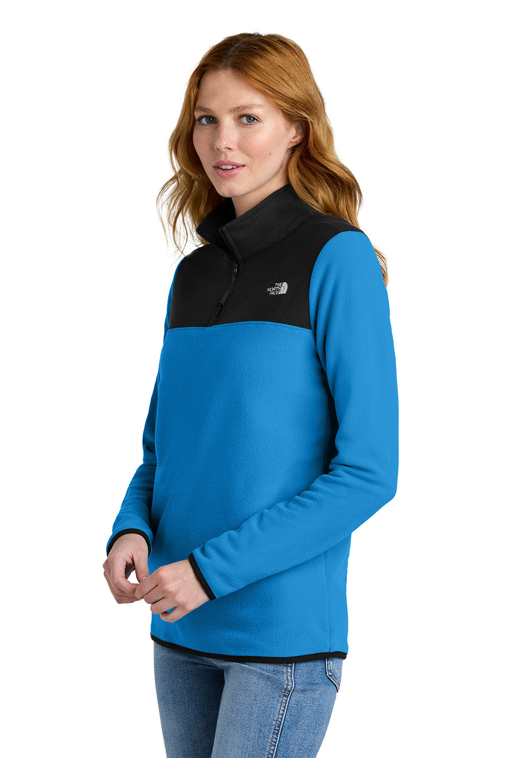 The North Face NF0A7V4M Womens Glacier Fleece 1/4 Zip Jacket Hero Blue/Black Model Side