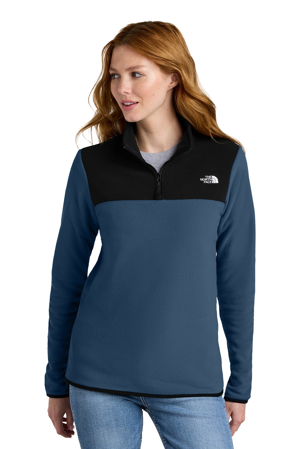 The North Face NF0A7V4M Womens Glacier Fleece 1/4 Zip Jacket Shady Blue/Black Model Front