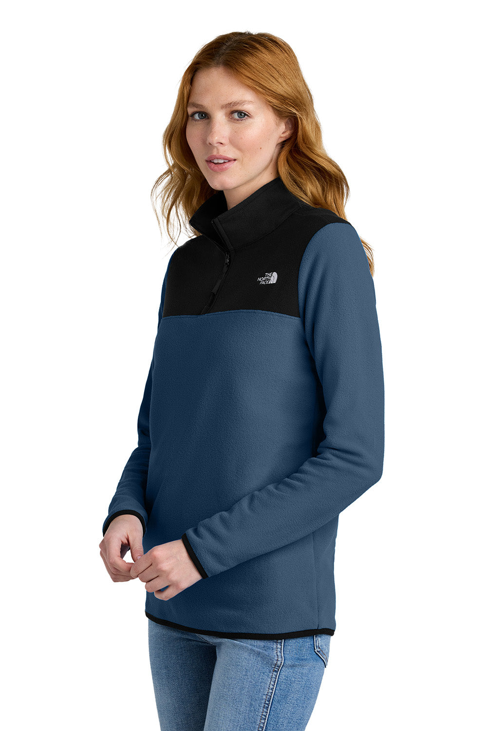 The North Face NF0A7V4M Womens Glacier Fleece 1/4 Zip Jacket Shady Blue/Black Model Side