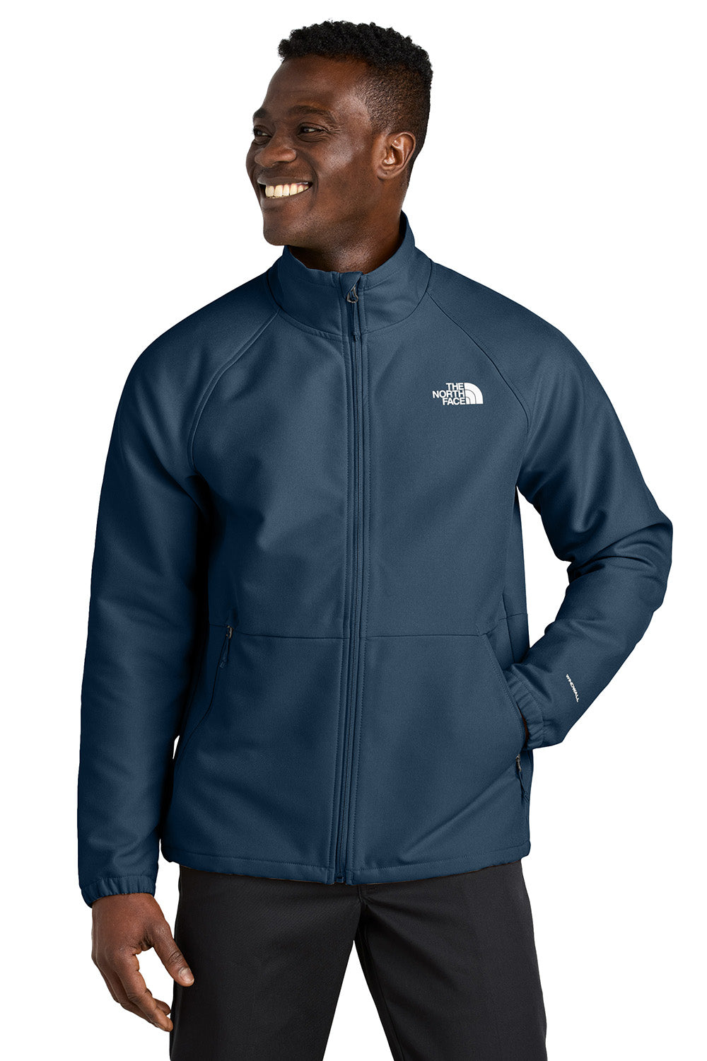 The North Face NF0A8BUD Mens Barr Lake Soft Shell Full Zip Jacket Heather Dark Shady Blue Model Front