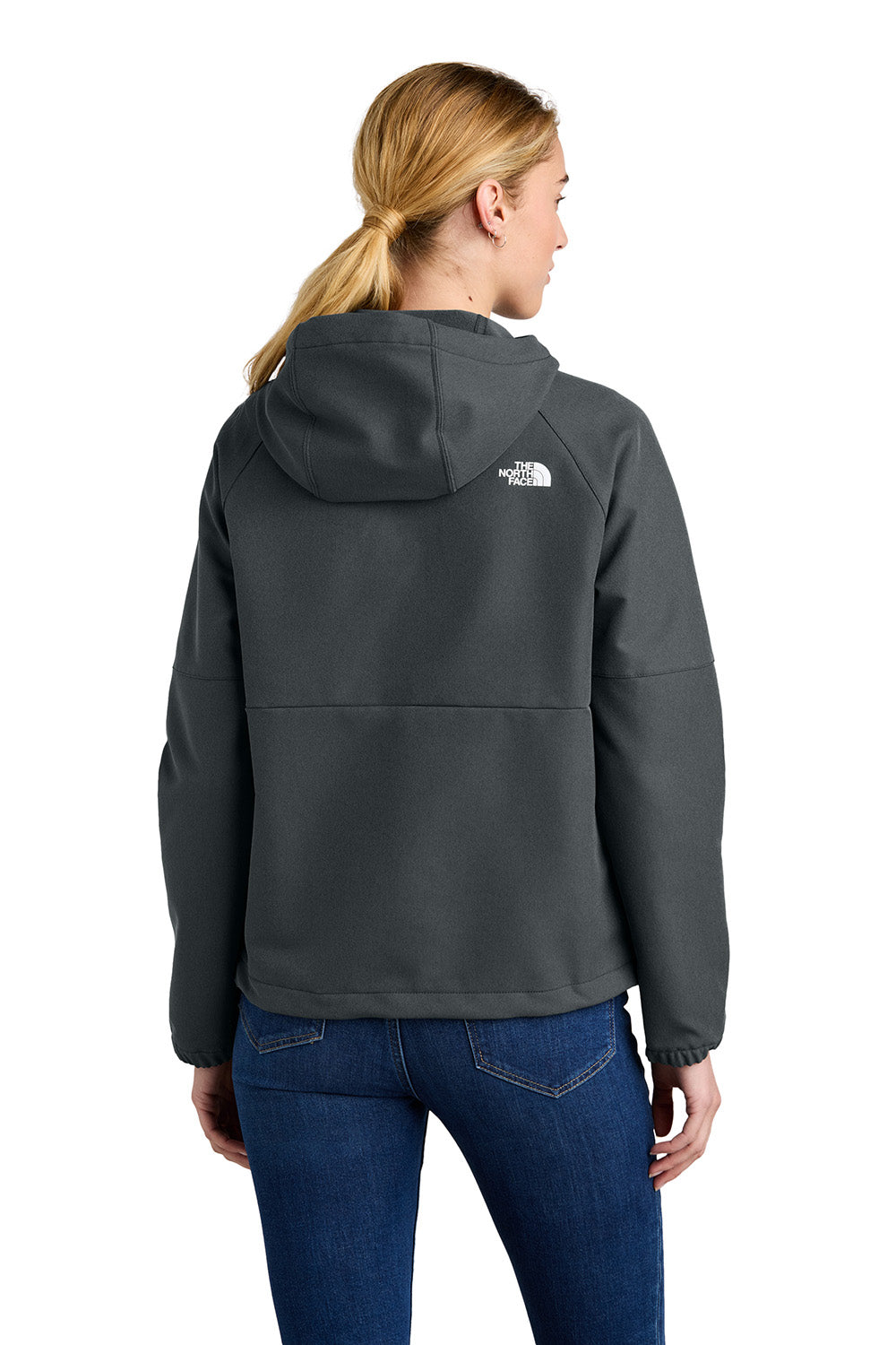 The North Face NF0A8BUE Womens Barr Lake Soft Shell Full Zip Hooded Jacket Heahter Dark Asphalt Grey Model Back