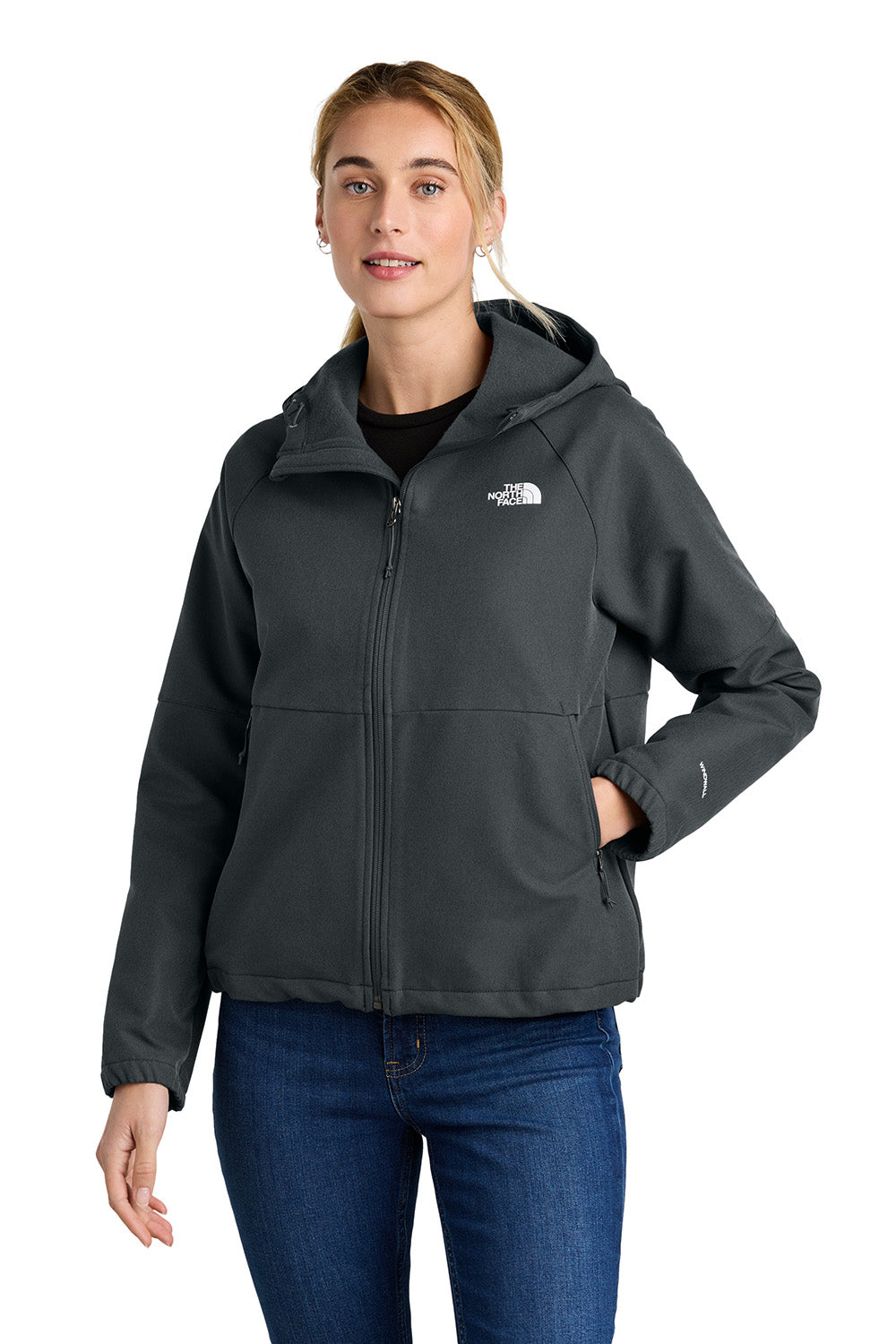 The North Face NF0A8BUE Womens Barr Lake Soft Shell Full Zip Hooded Jacket Heahter Dark Asphalt Grey Model Front