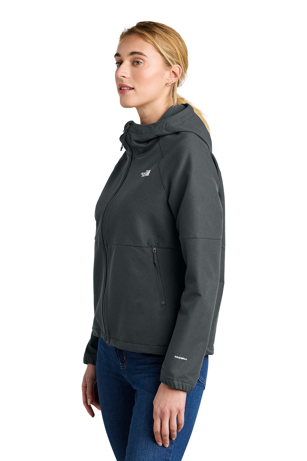 The North Face NF0A8BUE Womens Barr Lake Soft Shell Full Zip Hooded Jacket Heahter Dark Asphalt Grey Model Side