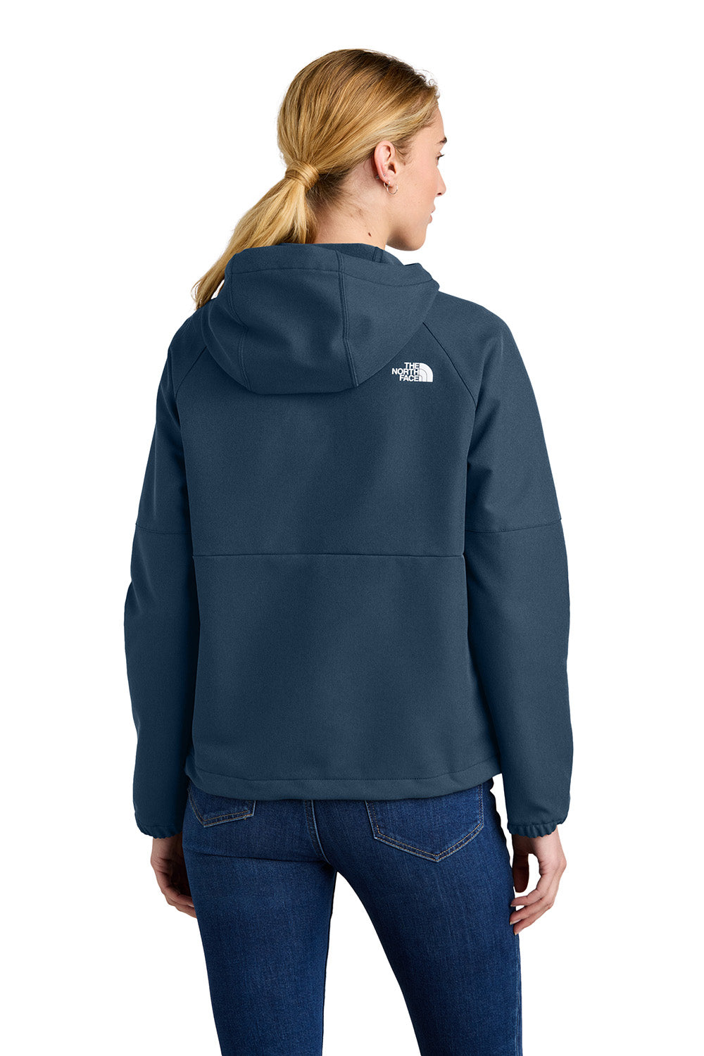 The North Face NF0A8BUE Womens Barr Lake Soft Shell Full Zip Hooded Jacket Heather Dark Shady Blue Model Back