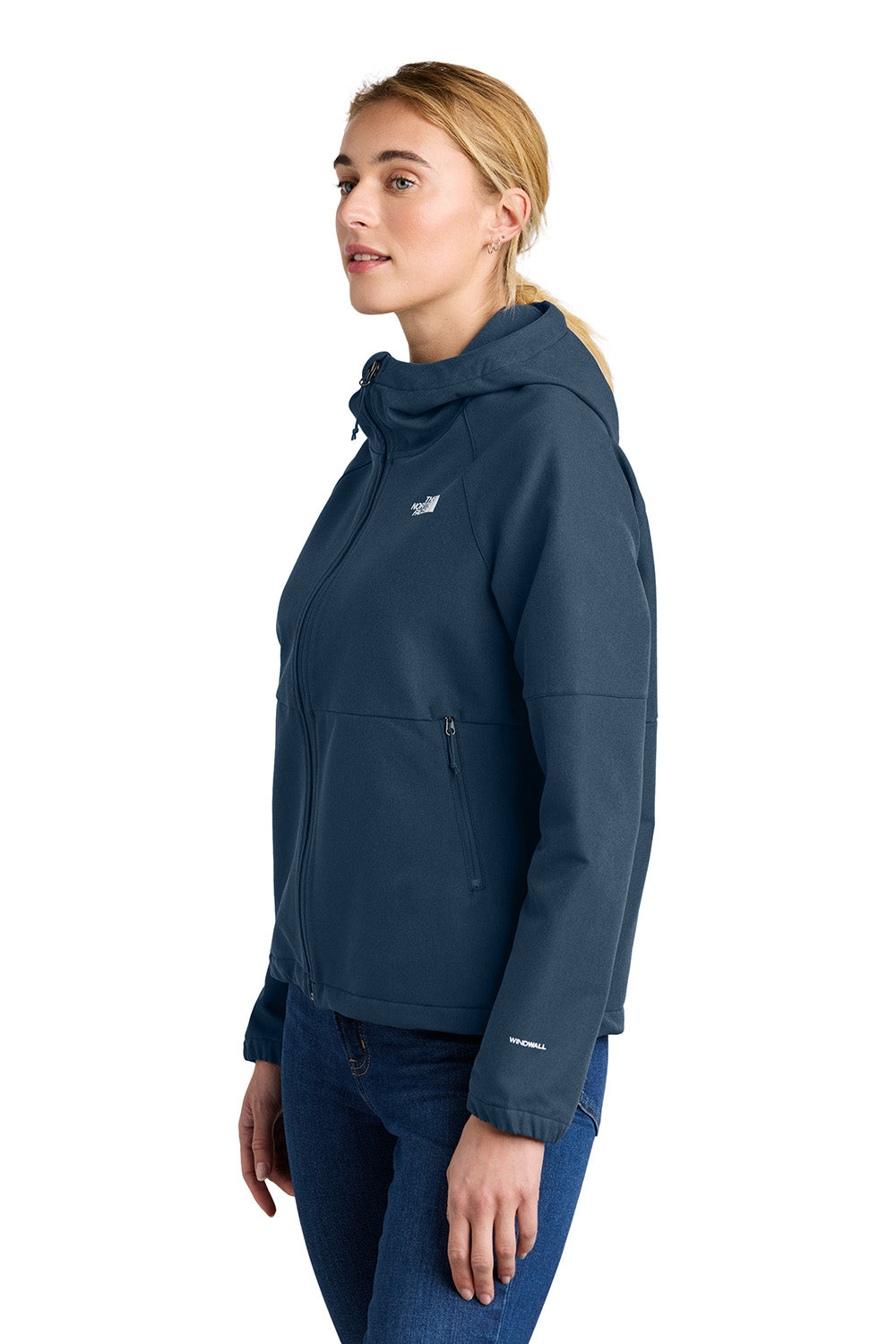 The North Face NF0A8BUE Womens Barr Lake Soft Shell Full Zip Hooded Jacket Heather Dark Shady Blue Model Side