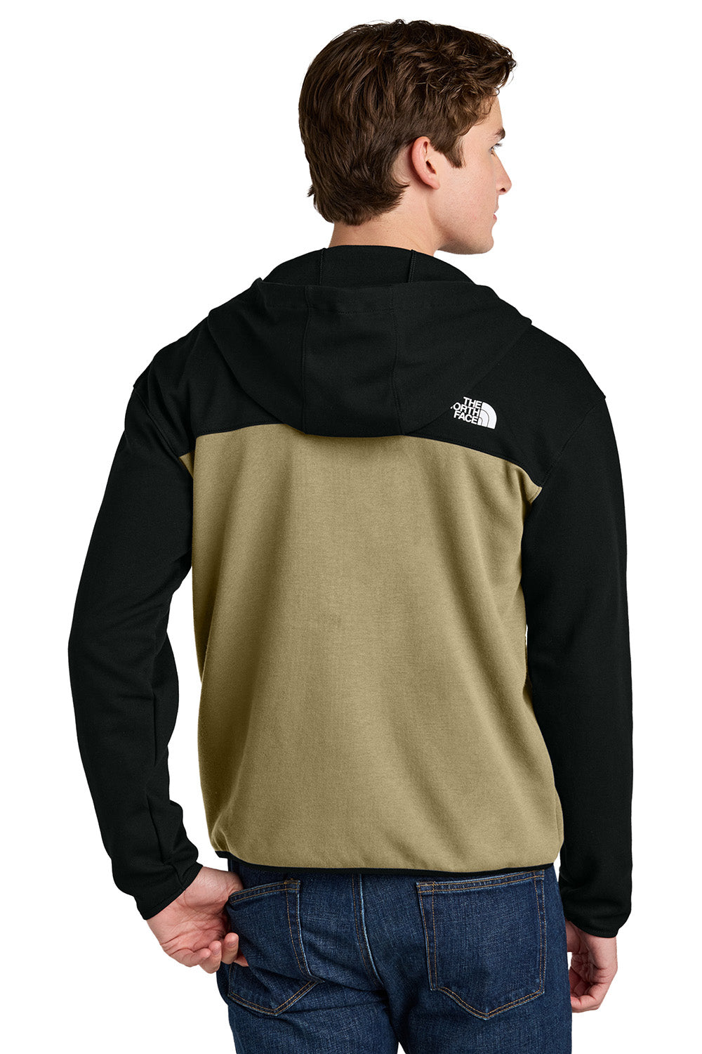 The North Face NF0A8BUS Mens Double Knit Full Zip Hooded Sweatshirt Hoodie Khaki Stone/Black Model Back