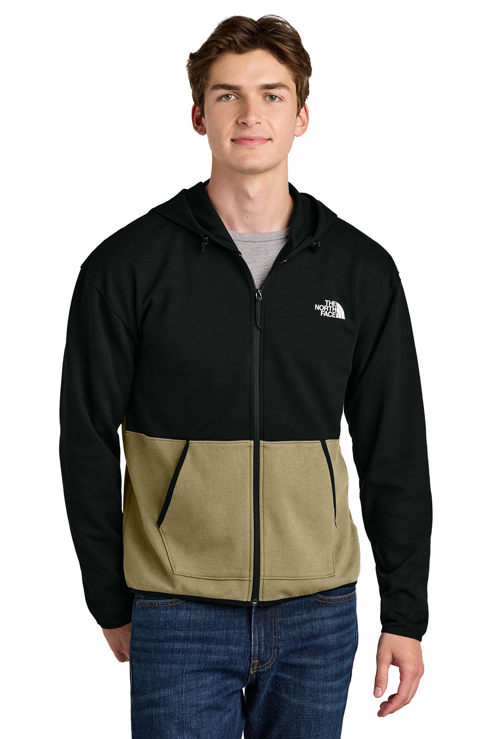 The North Face NF0A8BUS Mens Double Knit Full Zip Hooded Sweatshirt Hoodie Khaki Stone/Black Model Front