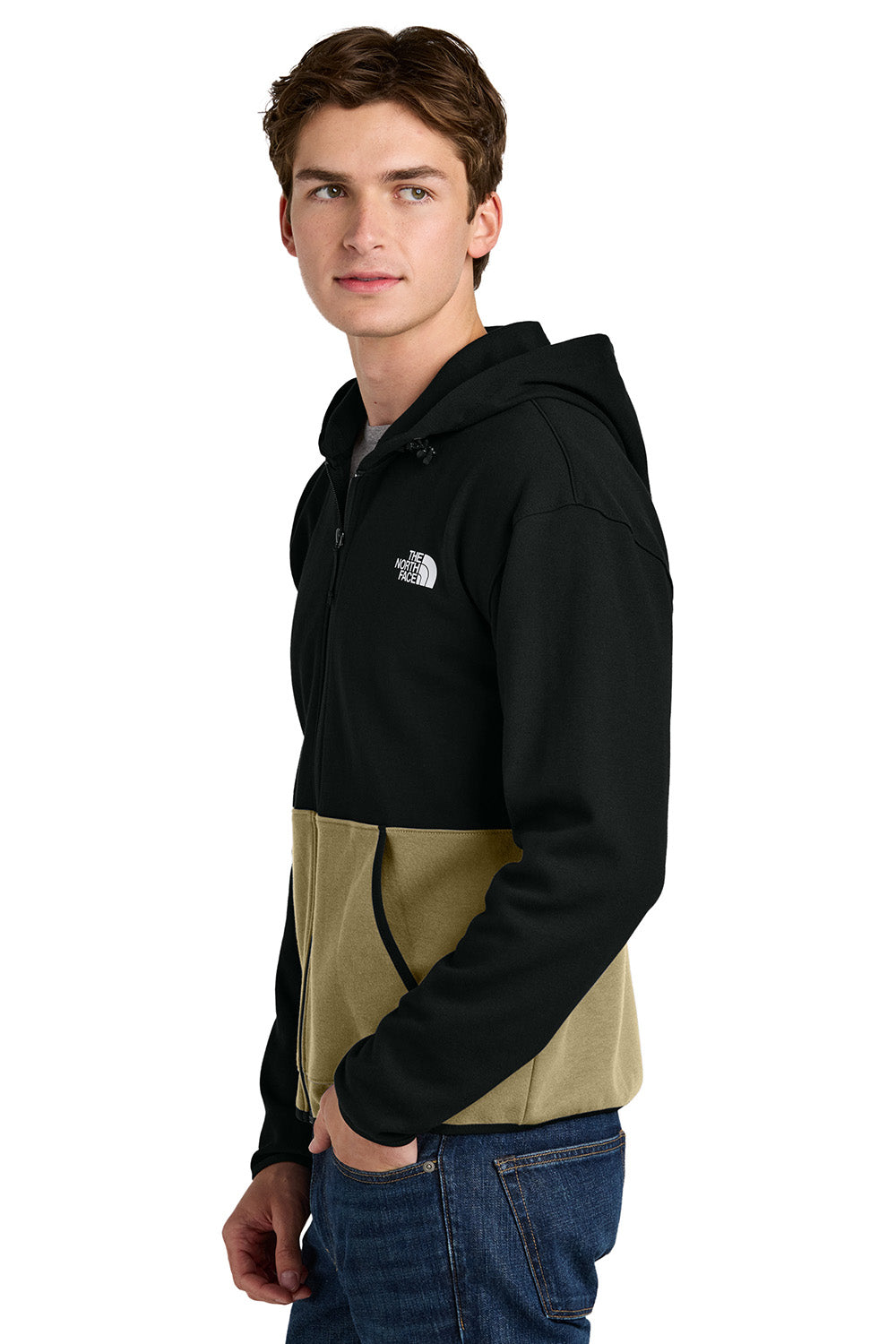 The North Face NF0A8BUS Mens Double Knit Full Zip Hooded Sweatshirt Hoodie Khaki Stone/Black Model Side