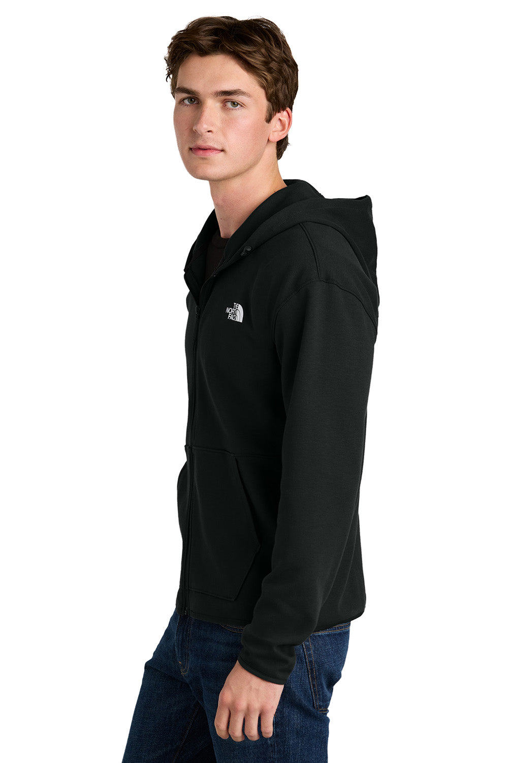 The North Face NF0A8BUS Mens Double Knit Full Zip Hooded Sweatshirt Hoodie Black Model Side