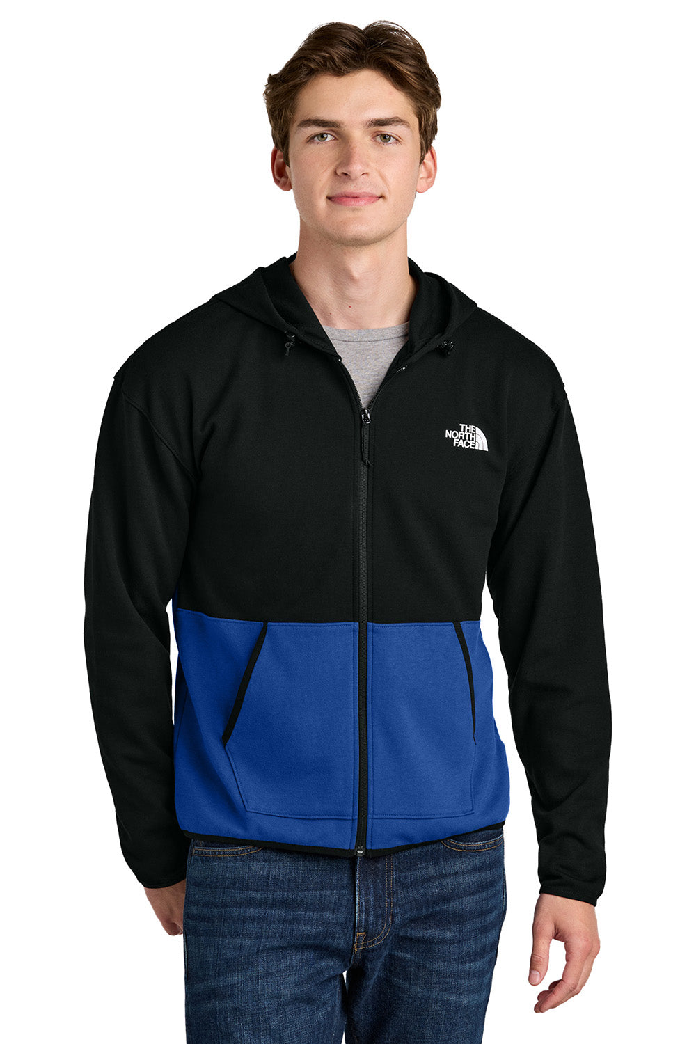 The North Face NF0A8BUS Mens Double Knit Full Zip Hooded Sweatshirt Hoodie Blue/Black Model Front