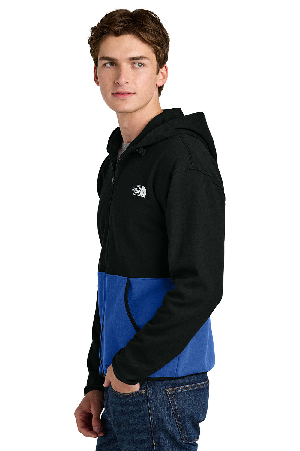 The North Face NF0A8BUS Mens Double Knit Full Zip Hooded Sweatshirt Hoodie Blue/Black Model Side